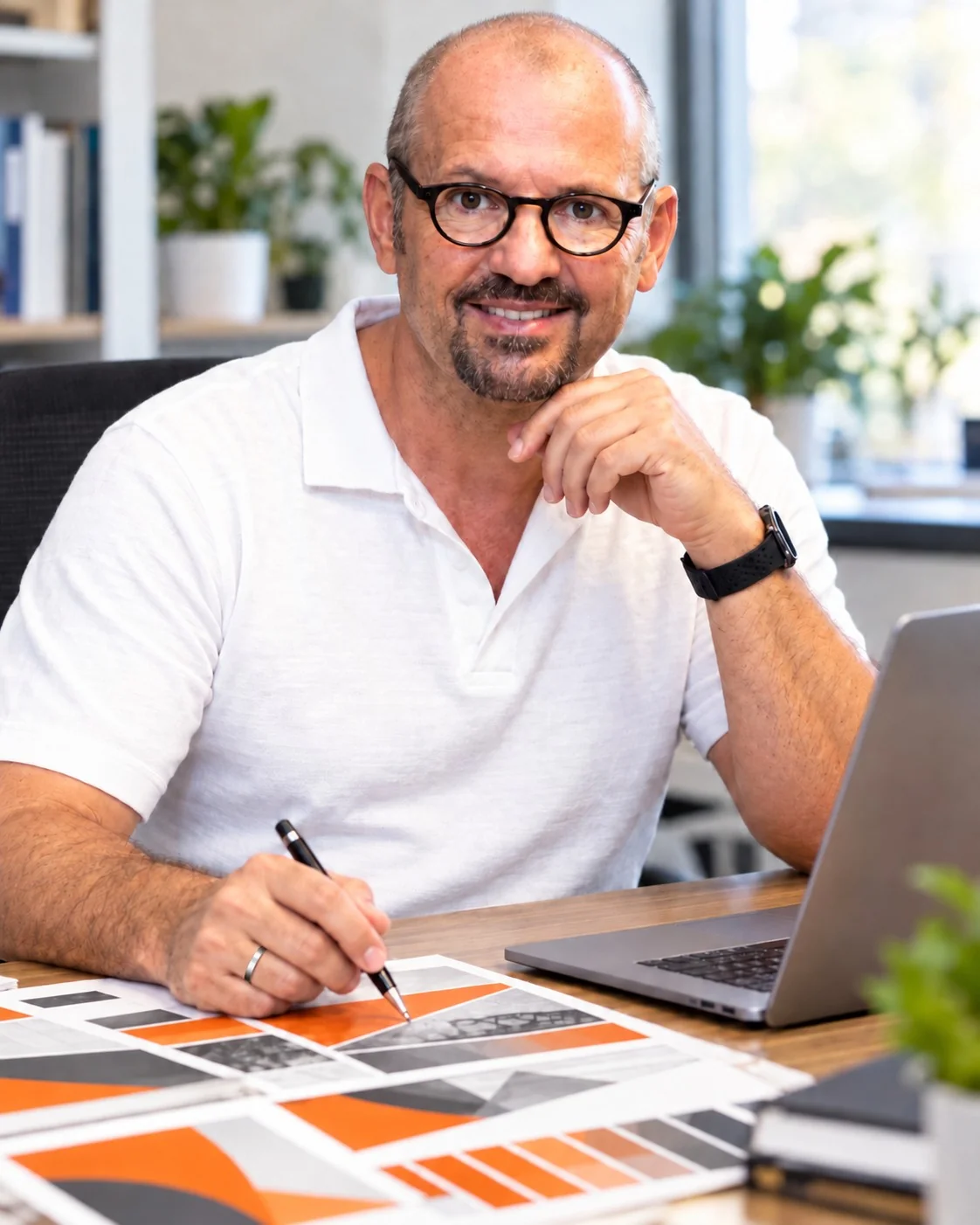 Tom Graf am Schreibtisch mit Druckentwürfen und Laptop – Ihr persönlicher Ansprechpartner bei Lowprint